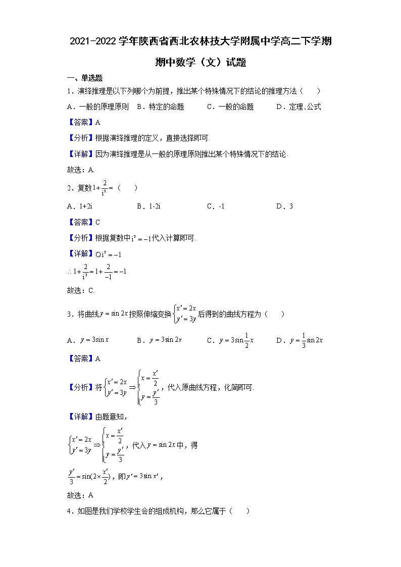 2021-2022学年陕西省西北农林技大学附属中学高二下学期期中数学（文）试题（解析版）01