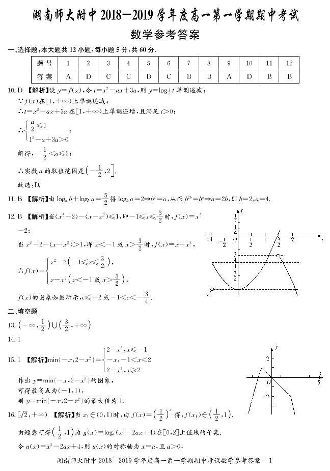 湖南师范大学附属中学2018-2019学年高一上学期期中考试数学试题及参考答案01