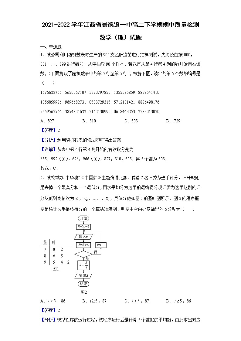 2021-2022学年江西省景德镇一中高二下学期期中质量检测数学（理）试题含解析01