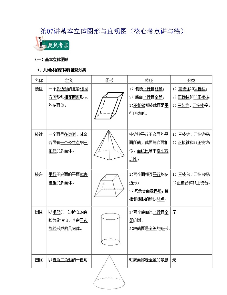 第07讲基本立体图形与直观图（核心考点讲与练）-2021-2022学年高一数学考试满分全攻略（人教A版2019必修第二册）（解析版）01