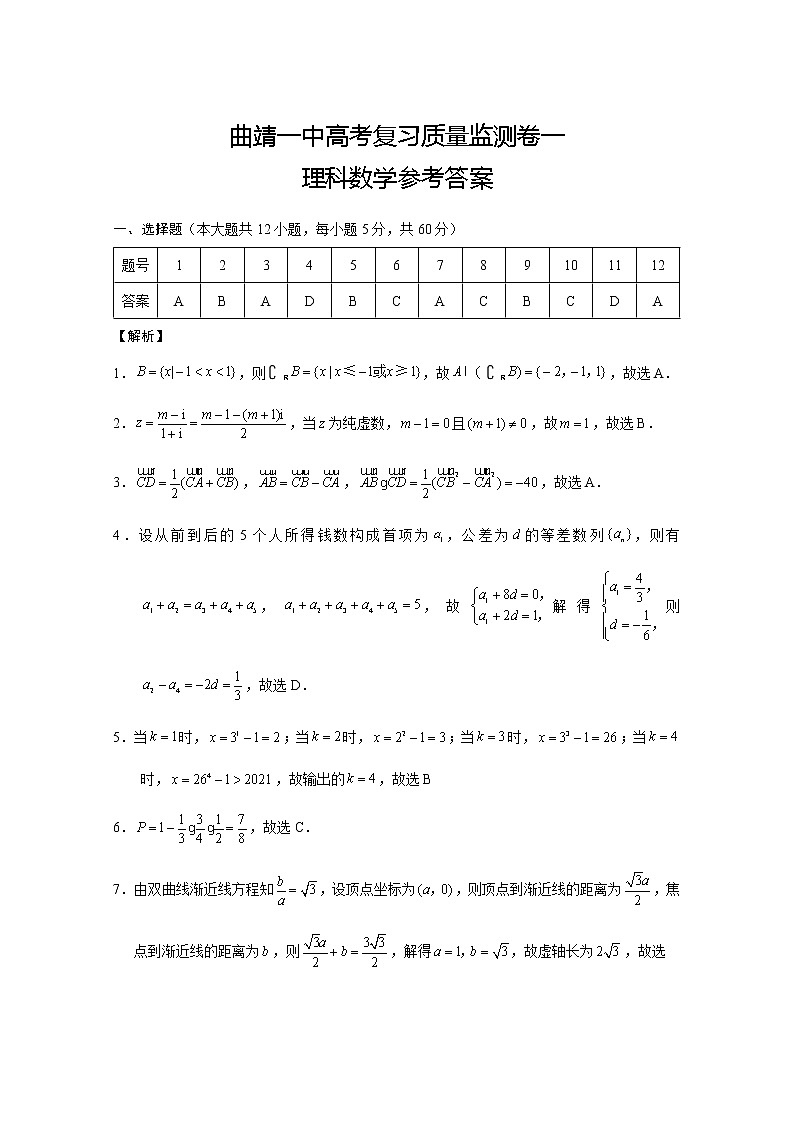 曲靖一中高考复习质量监测卷一理数-答案第1页