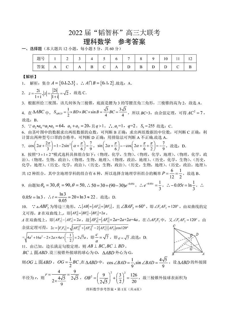 2022 届“韬智杯”高三大联考 数学理科答案第1页