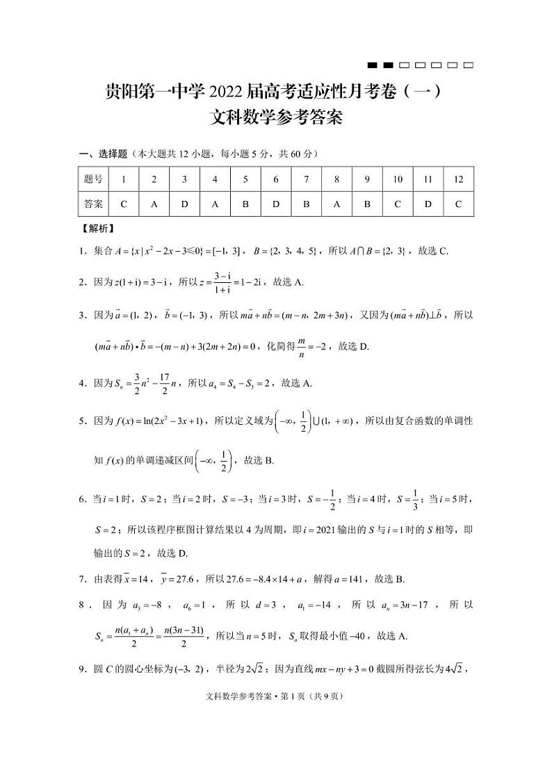 贵阳第一中学2022届高考适应性月考卷（一）文数-答案第1页