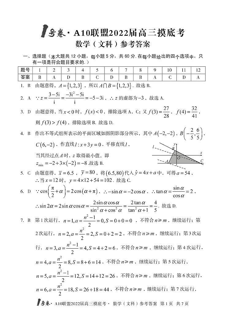 安徽省A10联盟2022届高三上学期摸底考试数学（文）答案第1页