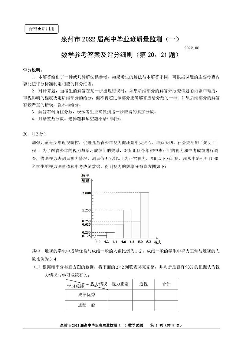 2022泉州高三上学期8月高中毕业班质量监测（一）数学试题PDF版含答案01