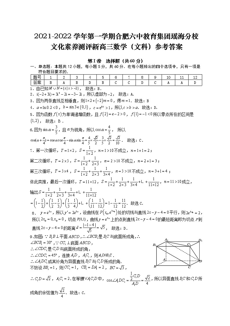 2022合肥六中瑶海校区高三上学期文化素养测试数学（文）试题PDF版含答案01