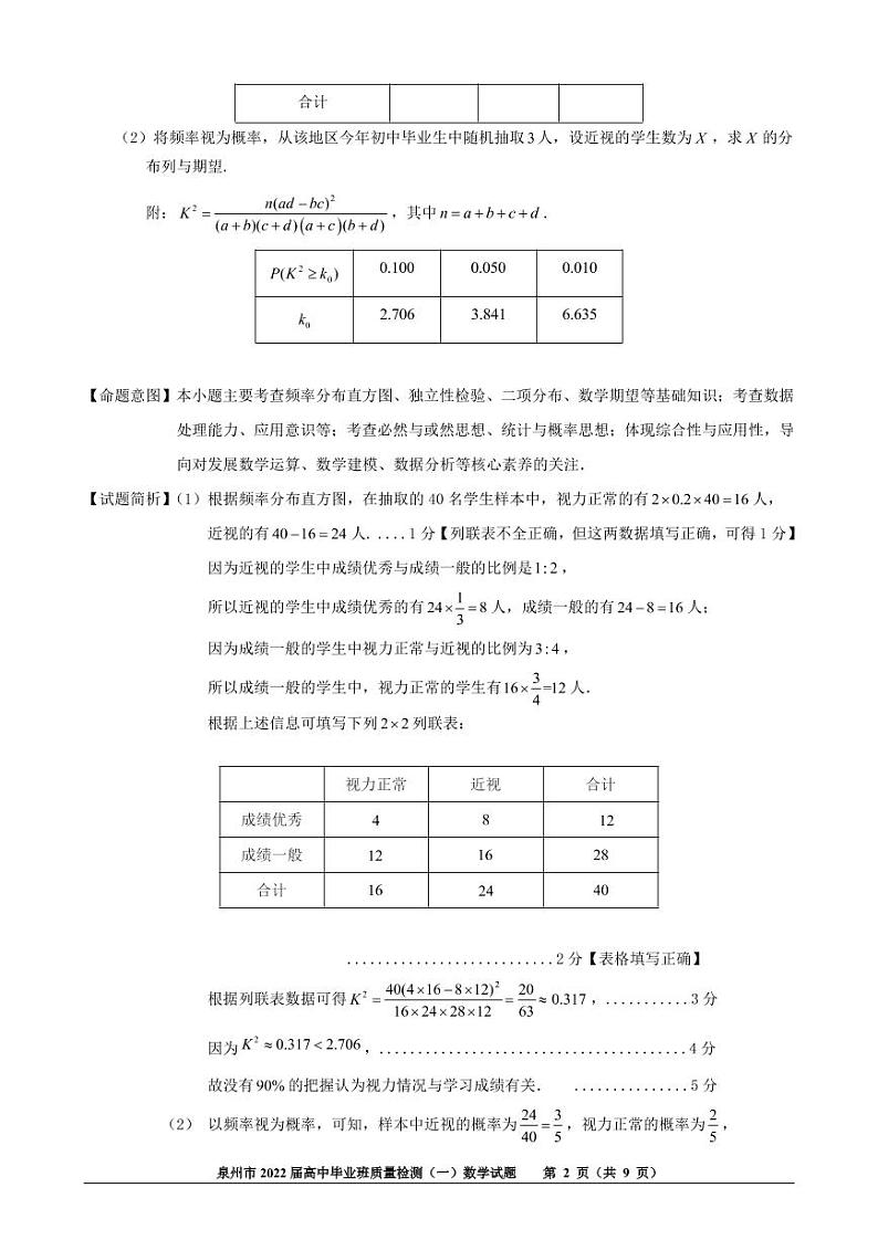 泉州市2022届高中毕业班监测一（前测卷）参考答案（20、21题）第2页