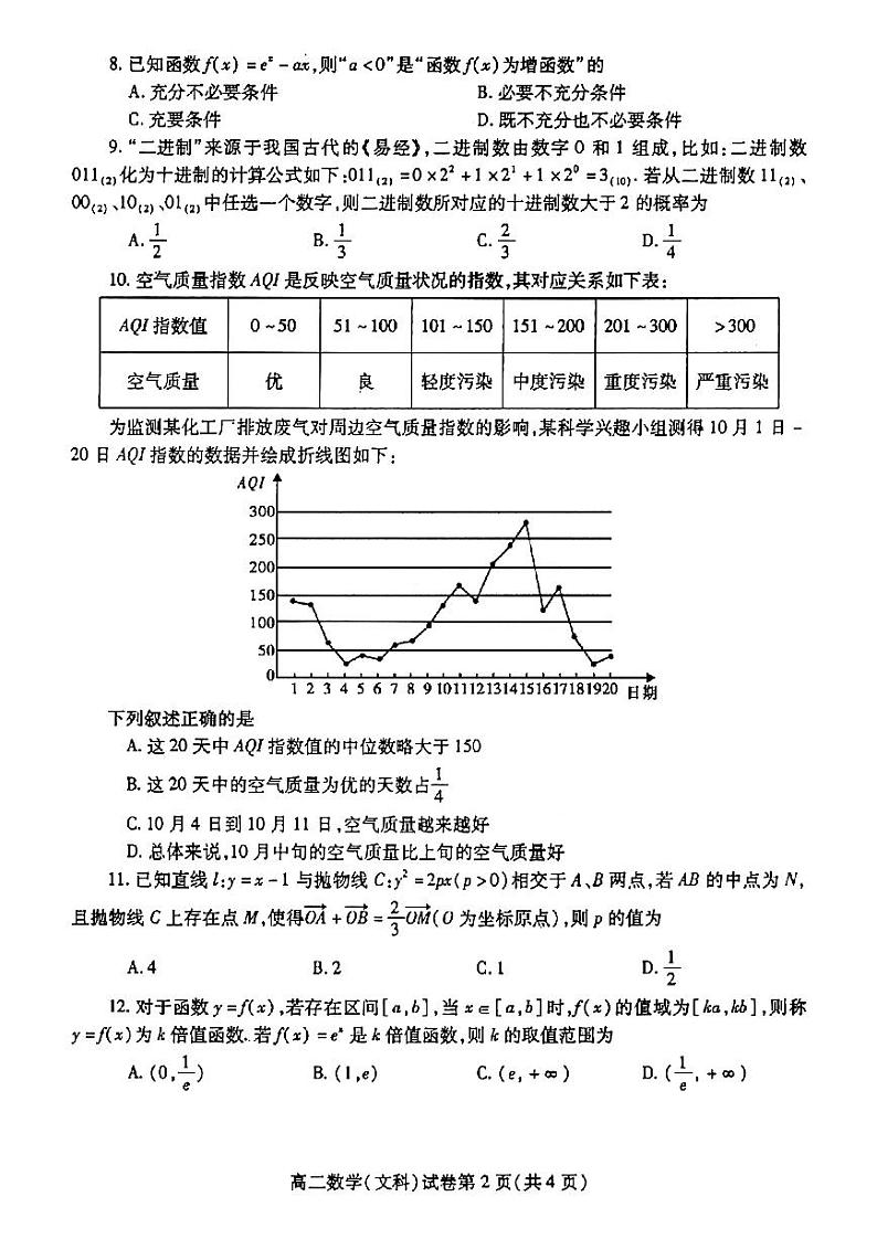 2022内江高三上学期7月零模试题文科数学试题扫描版含答案第2页