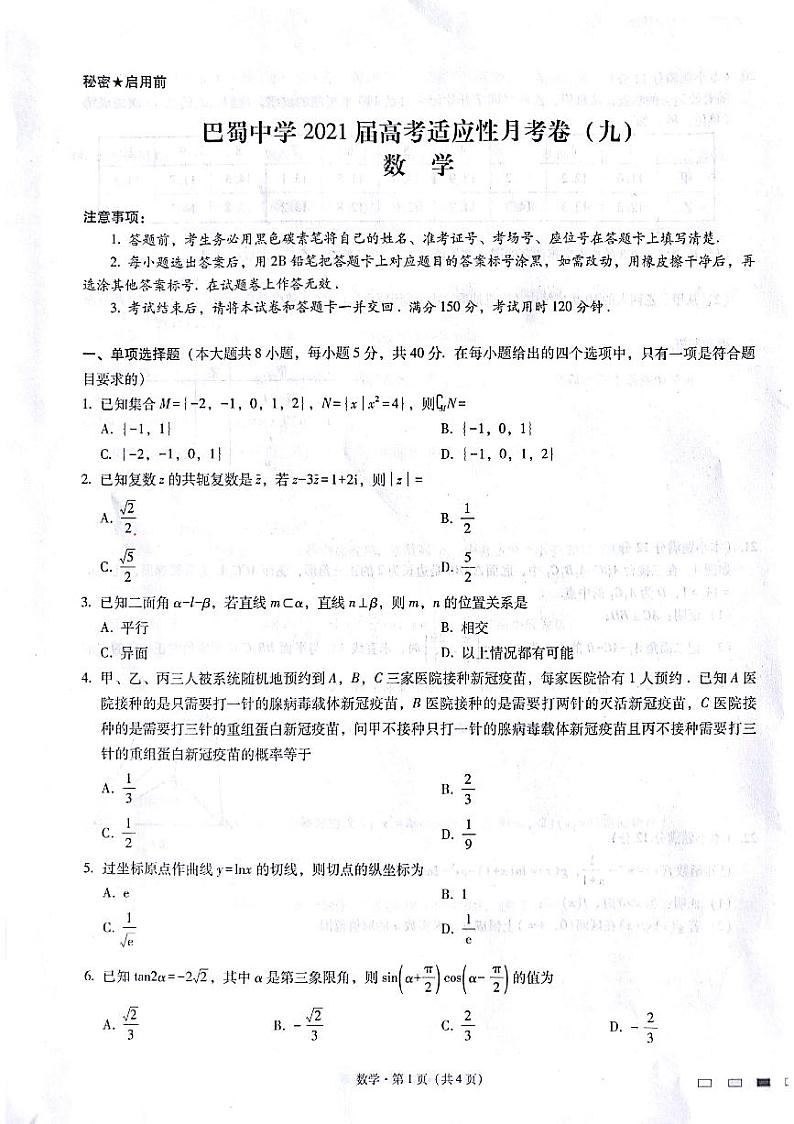 重庆市巴蜀中学2021届高考适应性月考卷（九）第1页