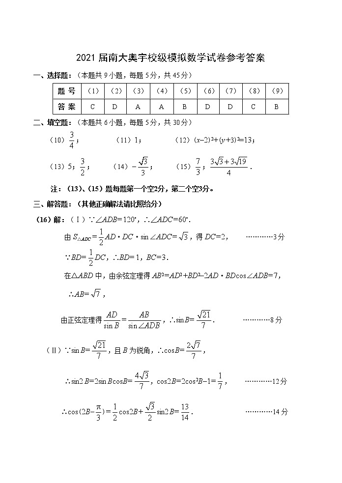 2021届高三年级校级模拟数学参考答案第1页