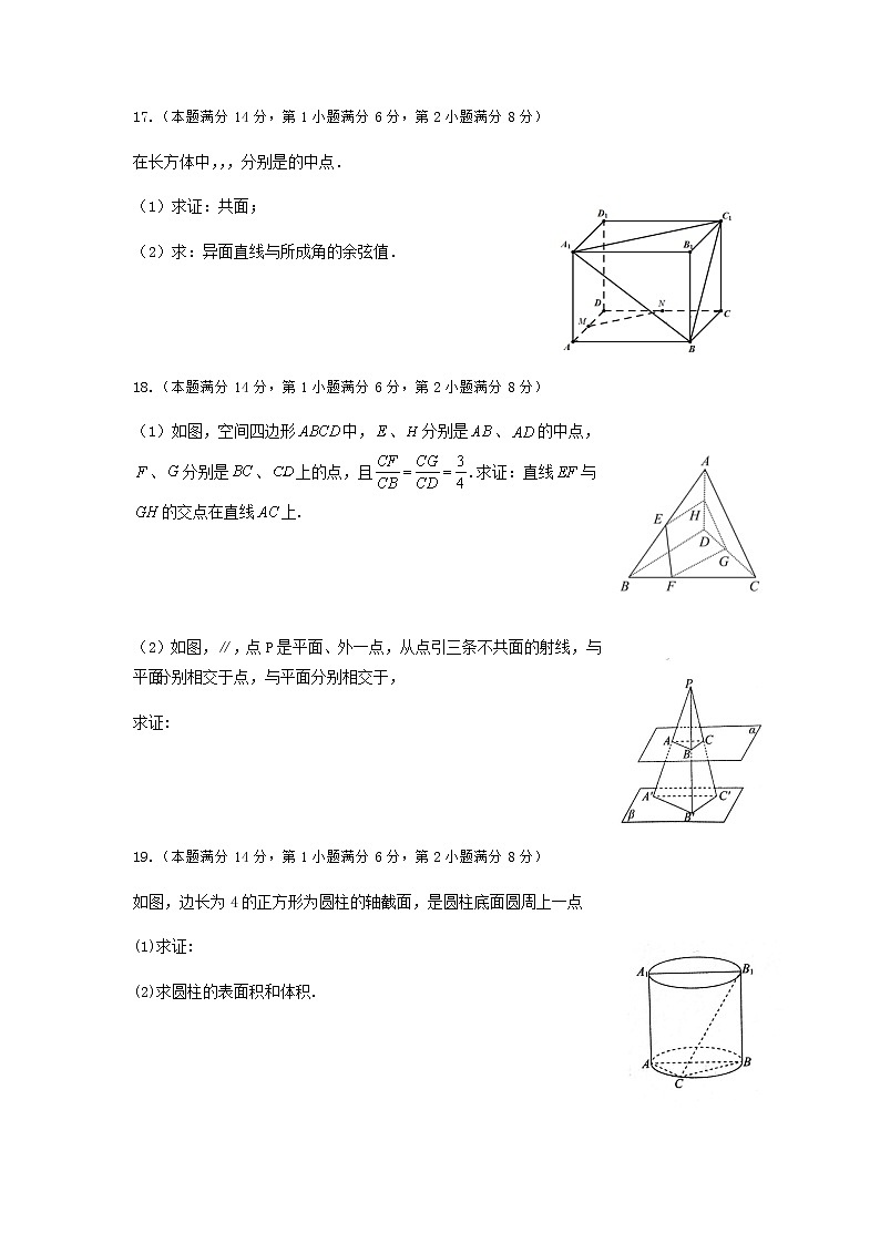 2022上海奉贤区致远高级中学高二上学期10月评估数学试题含答案03