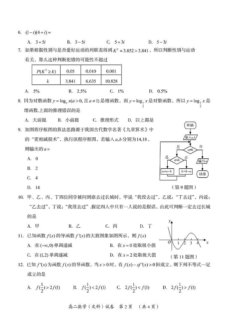 高二数学试卷（文科）第2页