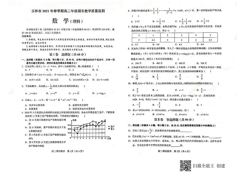 2021玉林高二下学期期末数学理科试题扫描版含答案01