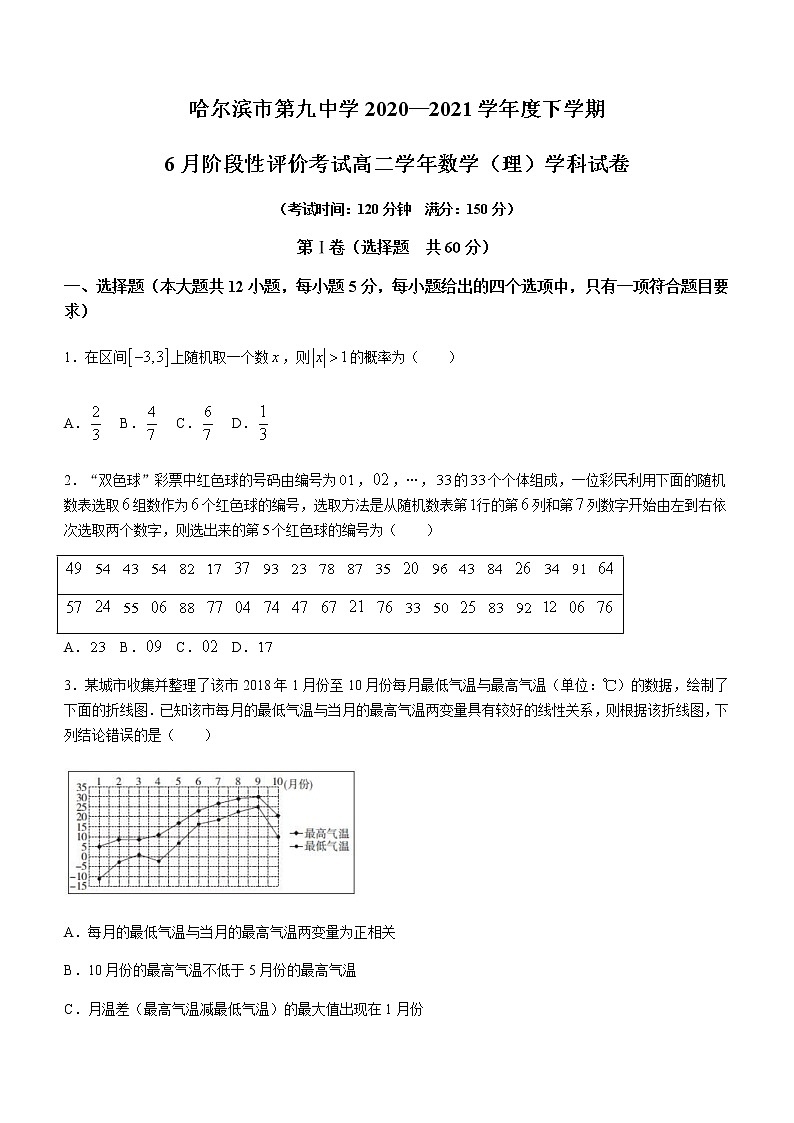 2021省哈尔滨九中高二下学期6月月考数学（理）试题含答案第1页