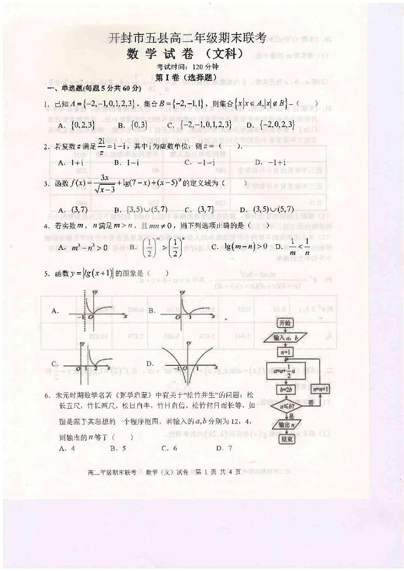 河南省开封市五县联考2020-2021学年高二下学期期末考试数学（文）试题（扫描版）第1页