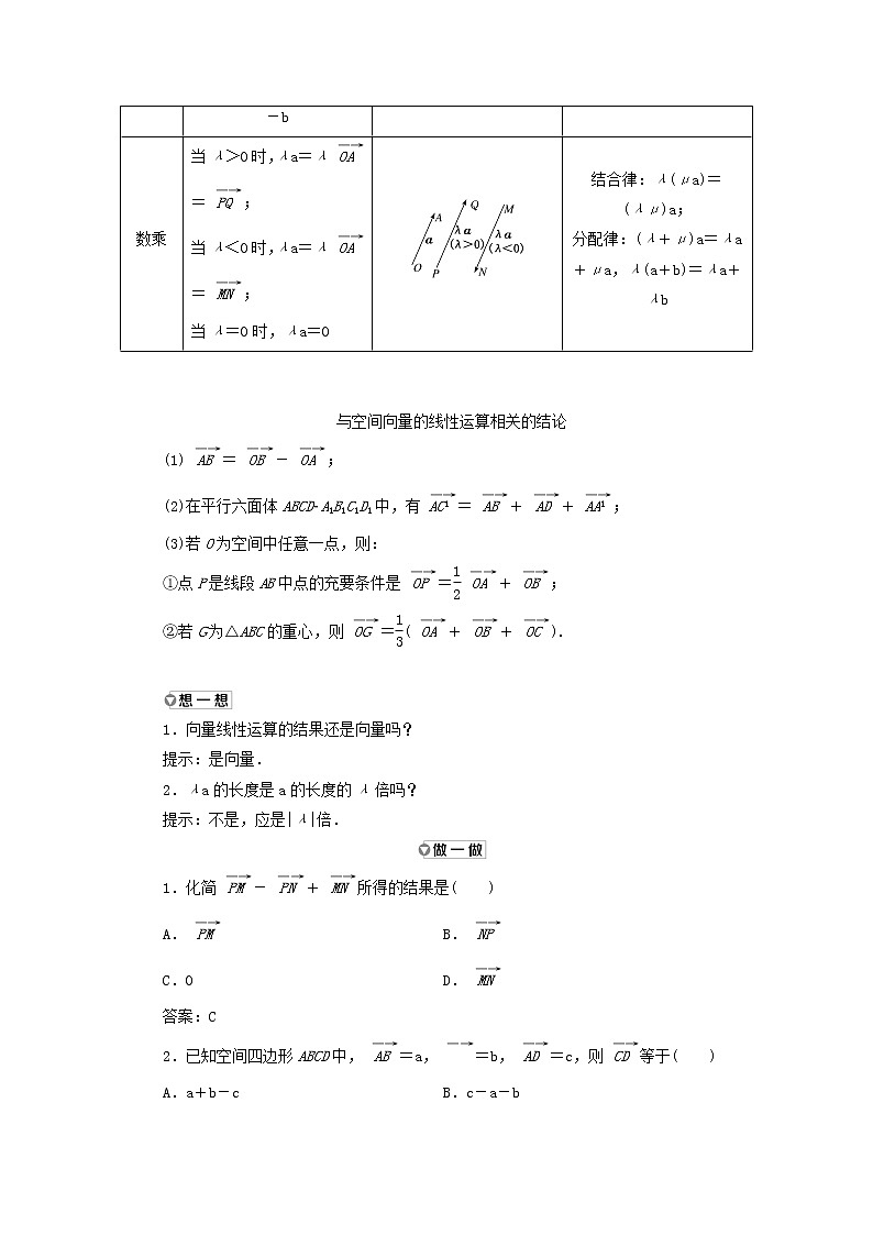 新人教B版高中数学选择性必修第一册第一章空间向量与立体几何1.1第一课时空间向量的概念空间向量的加法及线性运算学案03