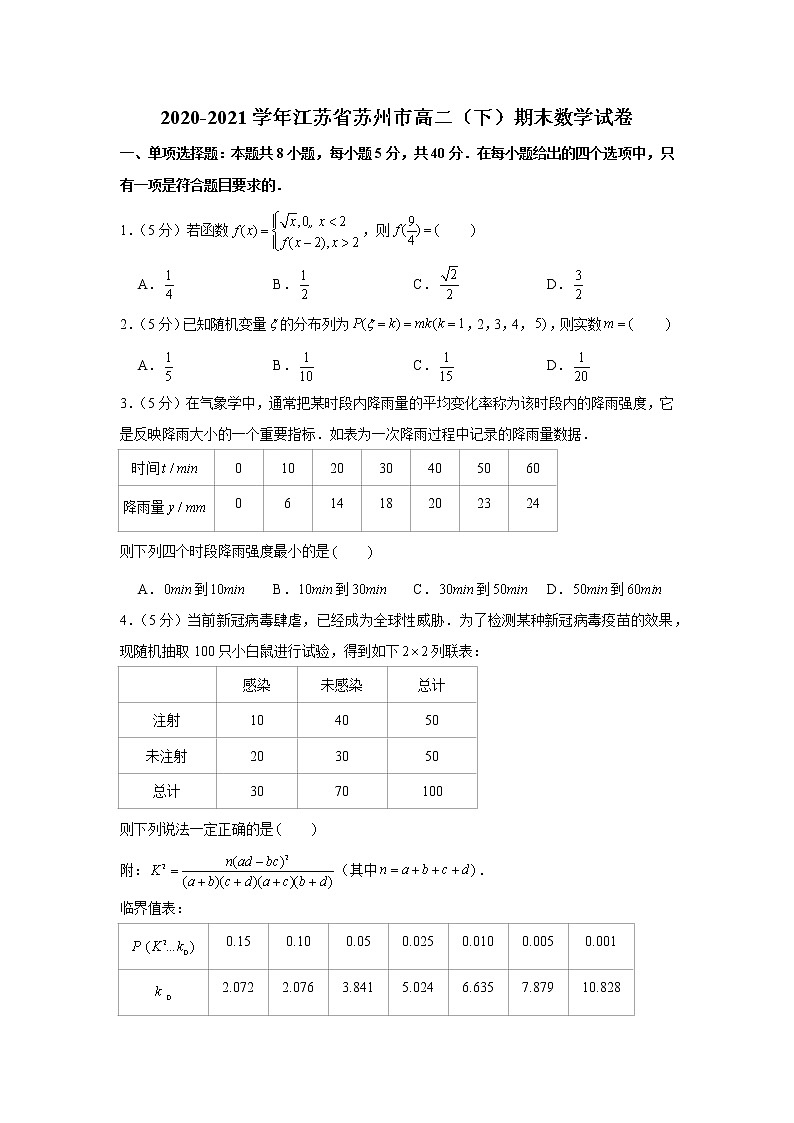2020-2021学年江苏省苏州市高二（下）期末数学试卷第1页