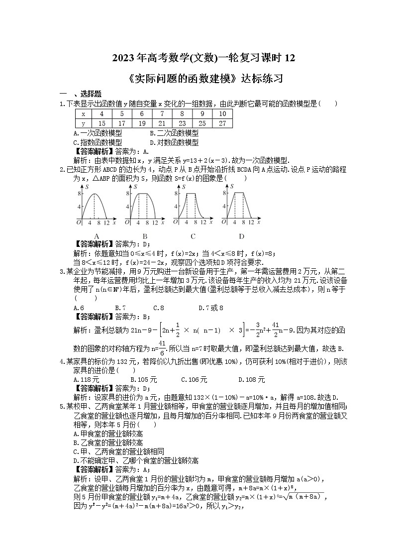 2023年高考数学(文数)一轮复习课时12《实际问题的函数建模》达标练习（教师版）第1页