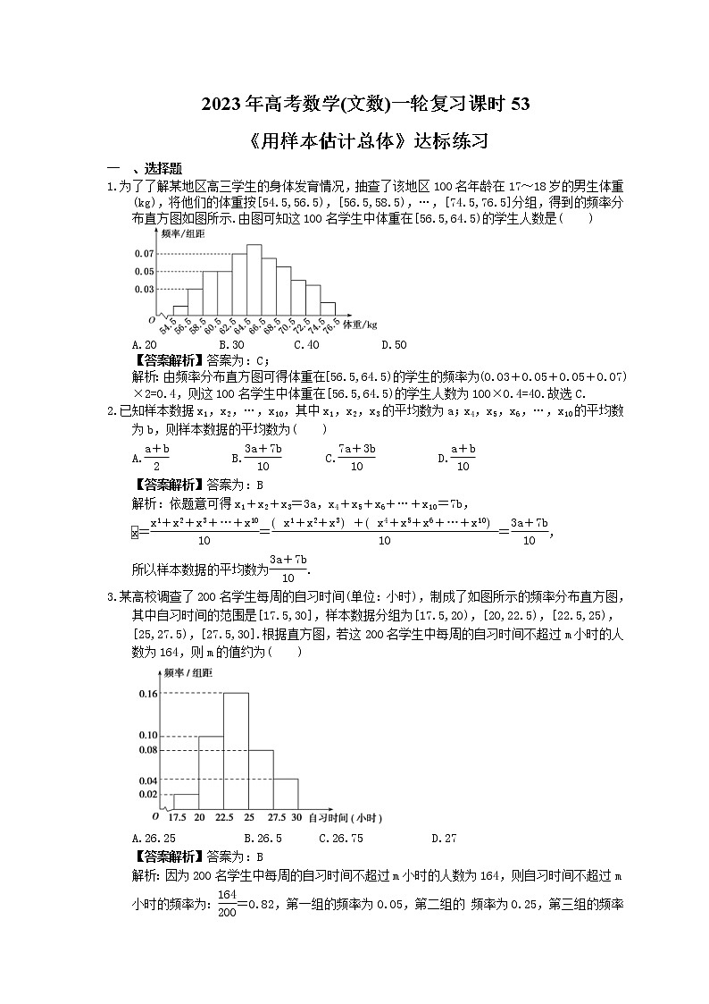 2023年高考数学(文数)一轮复习课时53《用样本估计总体》达标练习（教师版）第1页