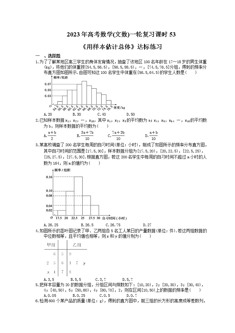 2023年高考数学(文数)一轮复习课时53《用样本估计总体》达标练习（含详解）第1页