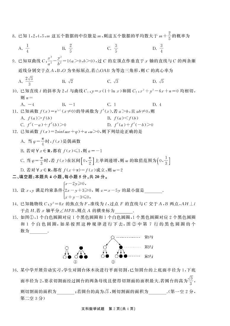 河南省百所名校2022届高三第三次学业质量联合检测数学（文）试卷（PDF版）第2页