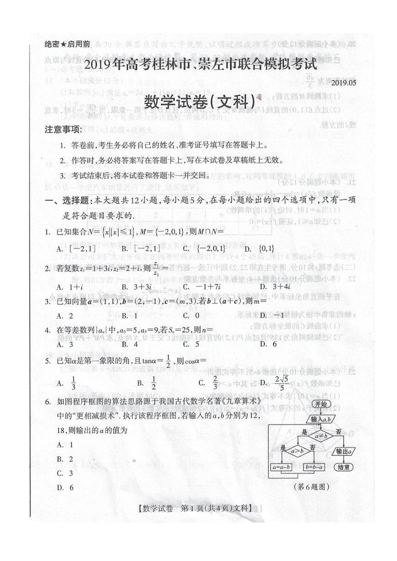 2019届广西桂林市、崇左市高三高考仿真模拟考试试数学（文）试卷（PDF版）01