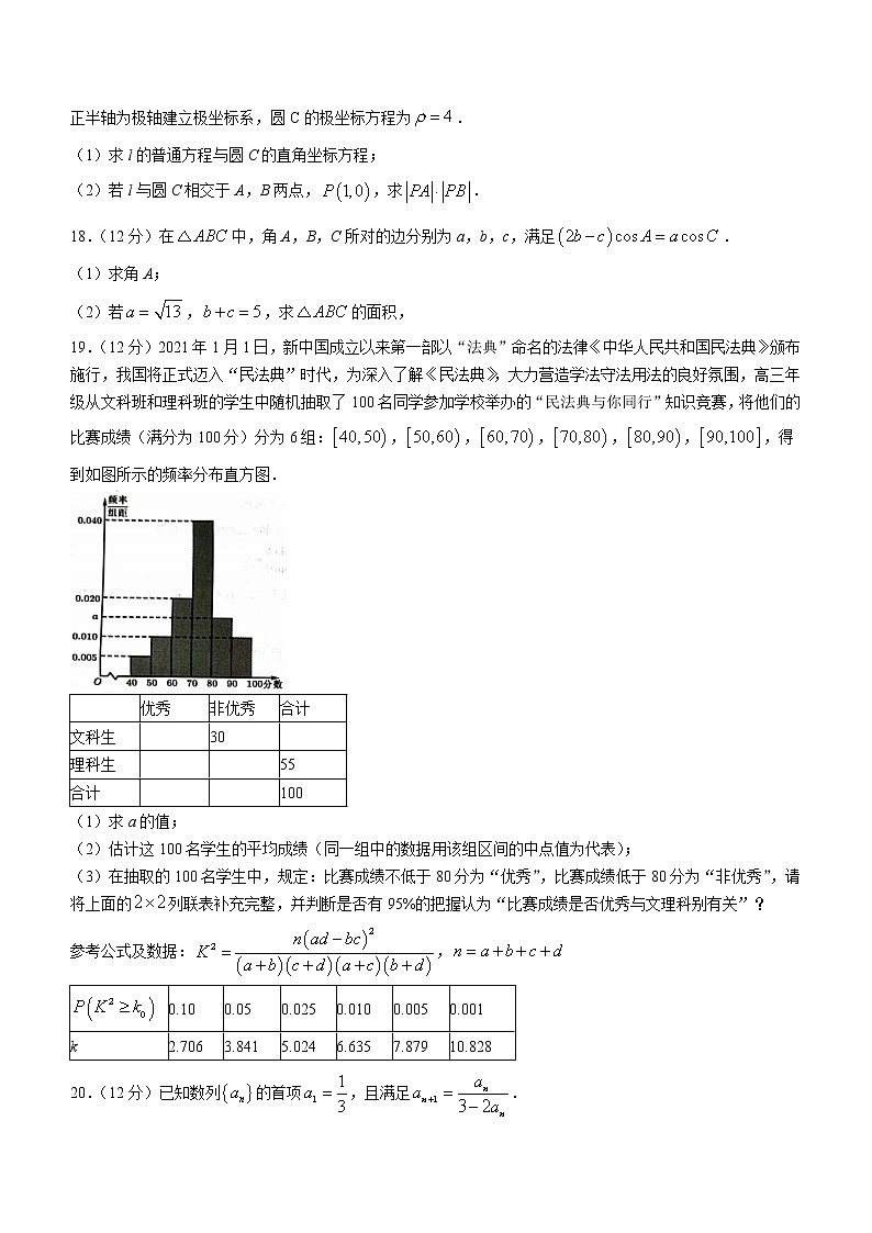 2021-2022学年河南省濮阳市第一高级中学高二下学期期中文科数学试题Word版03