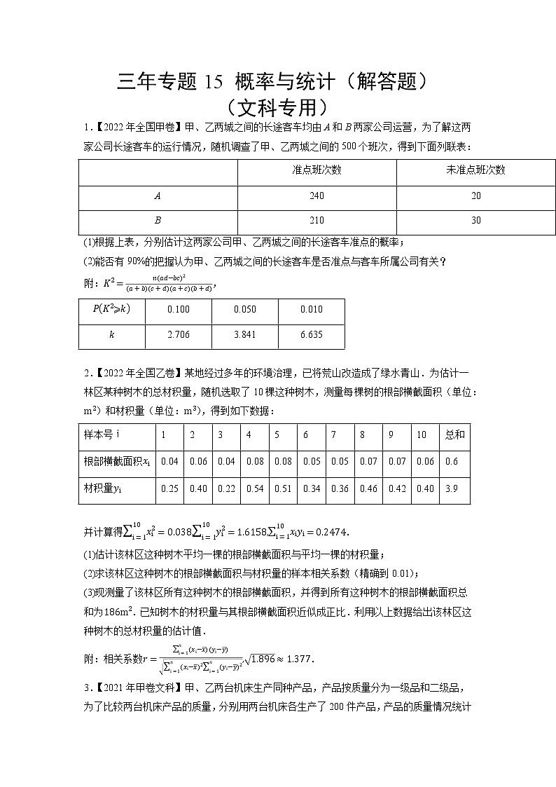15概率与统计（解答题）（文科专用）-三年（2020-2022）高考数学真题分项汇编（全国通用）01