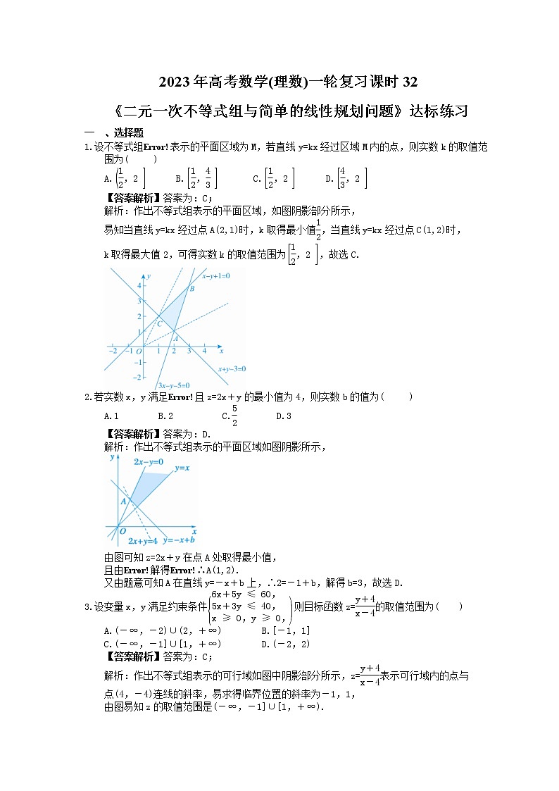 2023年高考数学(理数)一轮复习课时32《二元一次不等式组与简单的线性规划问题》达标练习（教师版）第1页