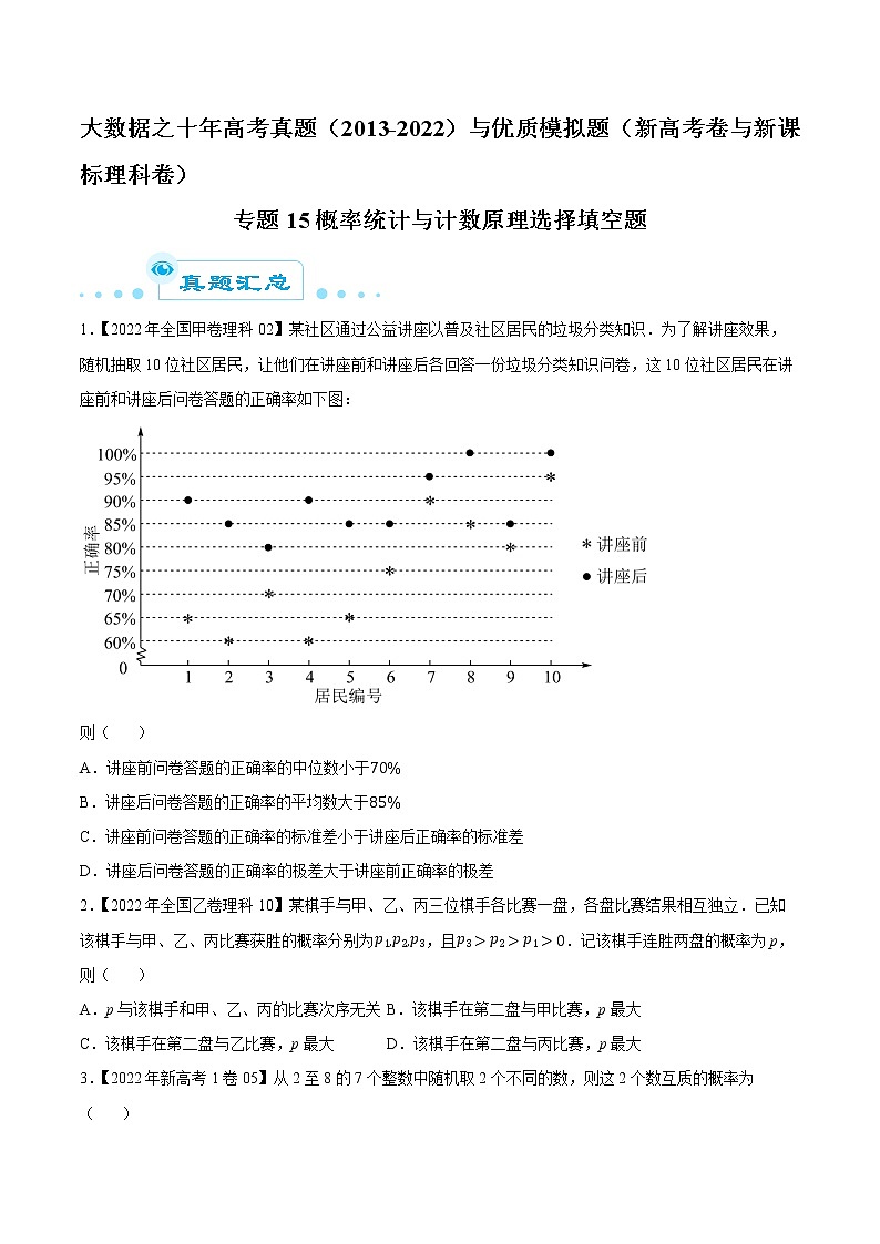 专题15 概率统计与计数原理选择填空题-大数据之十年高考真题（2013-2022）与优质模拟题汇编（新高考卷与全国理科）01