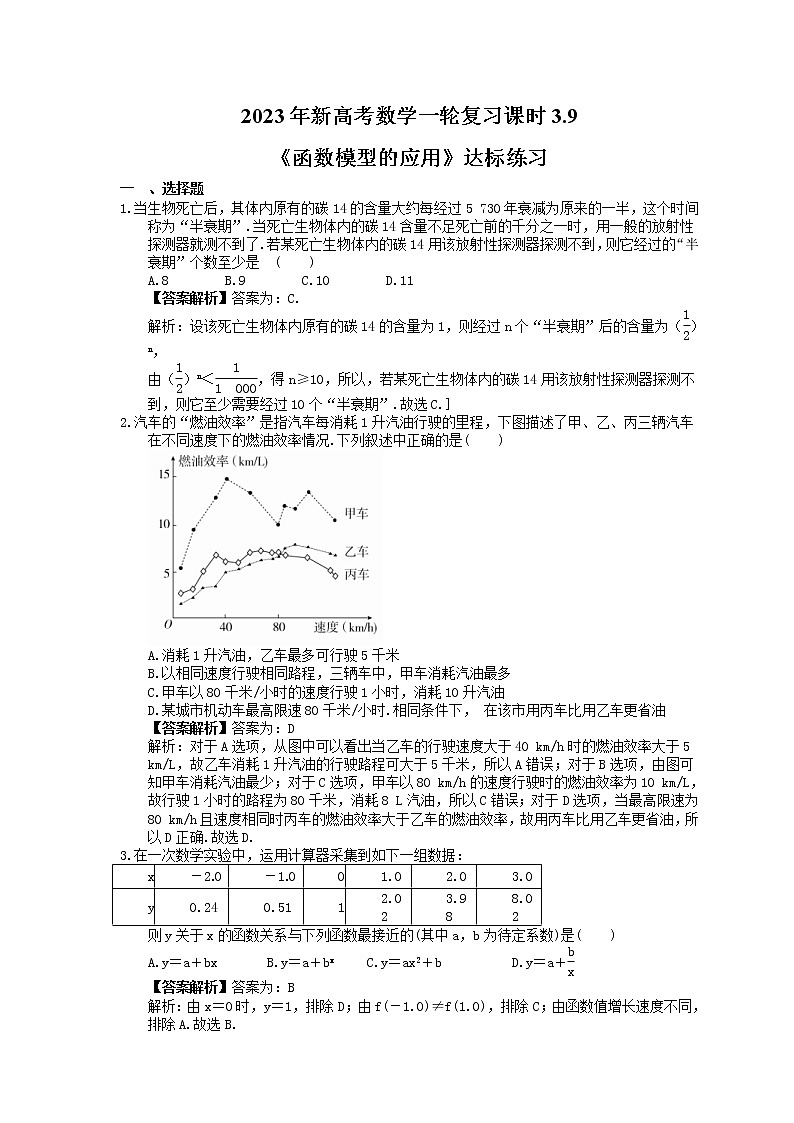2023年新高考数学一轮复习课时3.9《函数模型的应用》达标练习（教师版）第1页