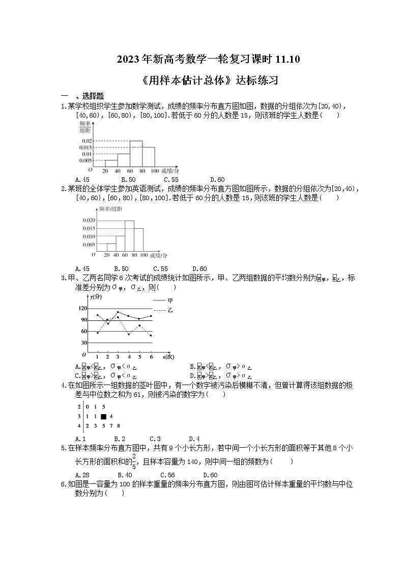 2023年新高考数学一轮复习课时11.10《用样本估计总体》达标练习（含详解）第1页