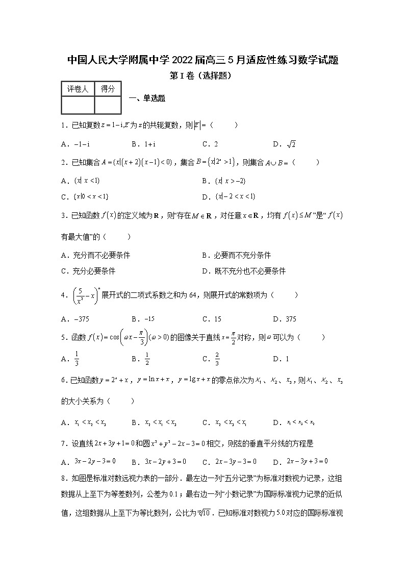 中国人民大学附属中学2022届高三5月适应性练习数学试题第1页