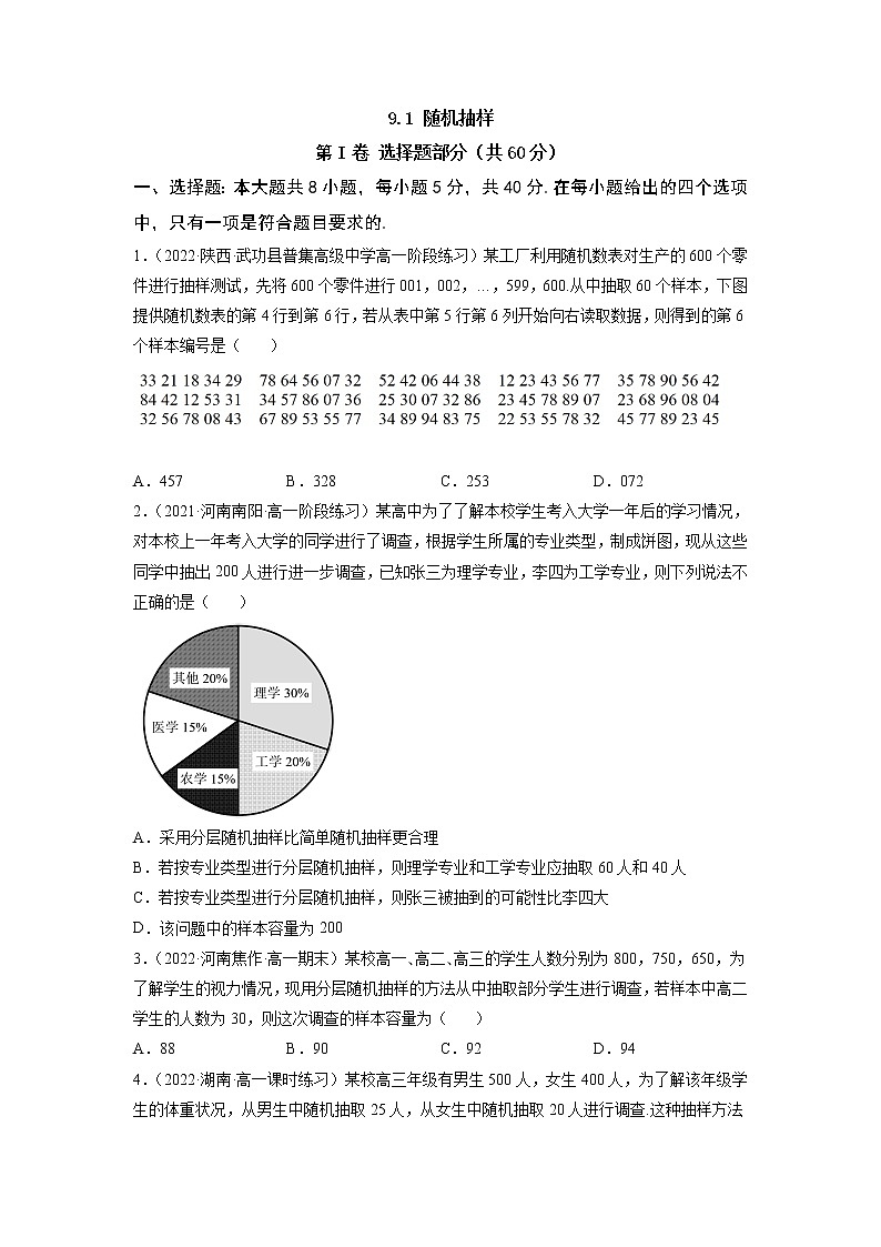 9.1随机抽样  -《2021-2022学年高一数学必修第二册同步单元测试卷》(新高考·2019人教A版）【原卷版】第1页