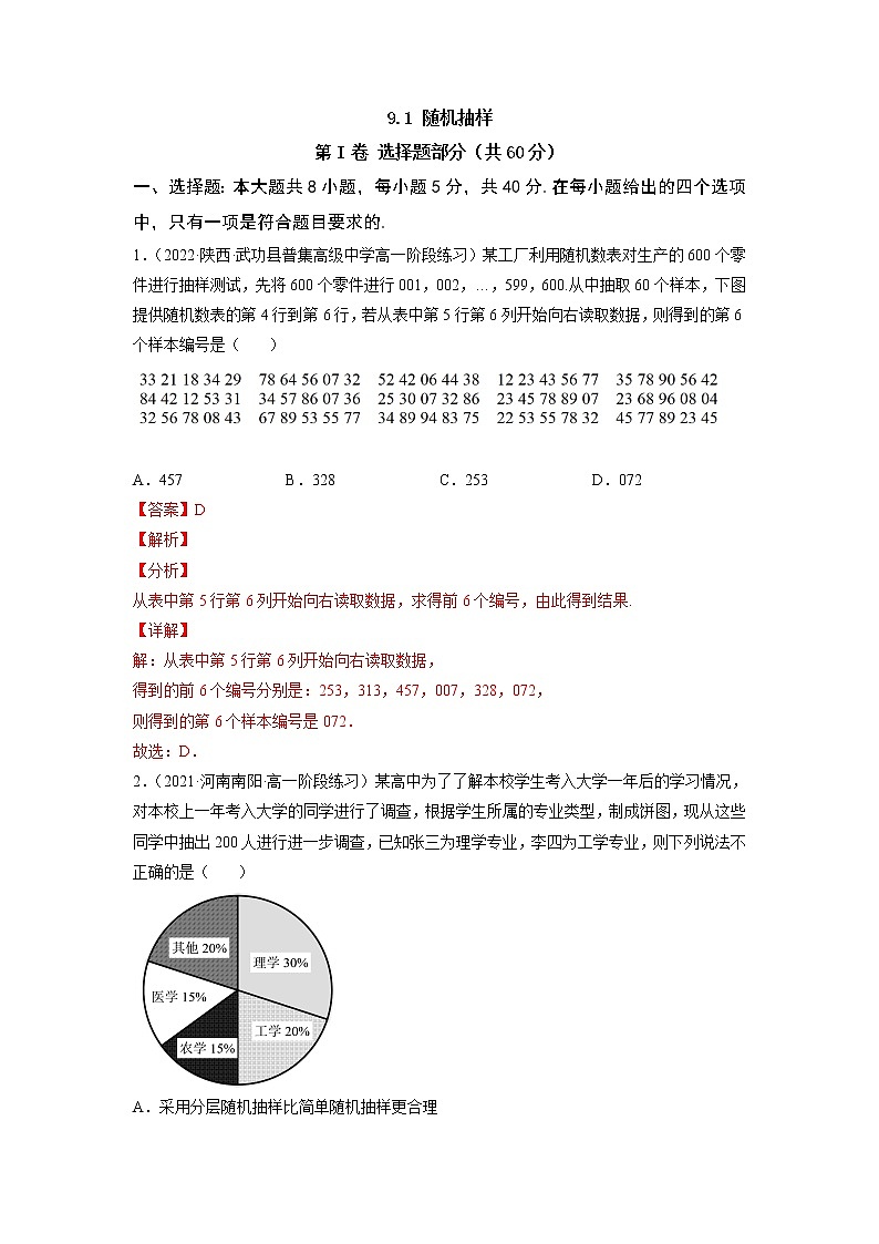 9.1随机抽样  -《2021-2022学年高一数学必修第二册同步单元测试卷》(新高考·2019人教A版）【解析版】第1页