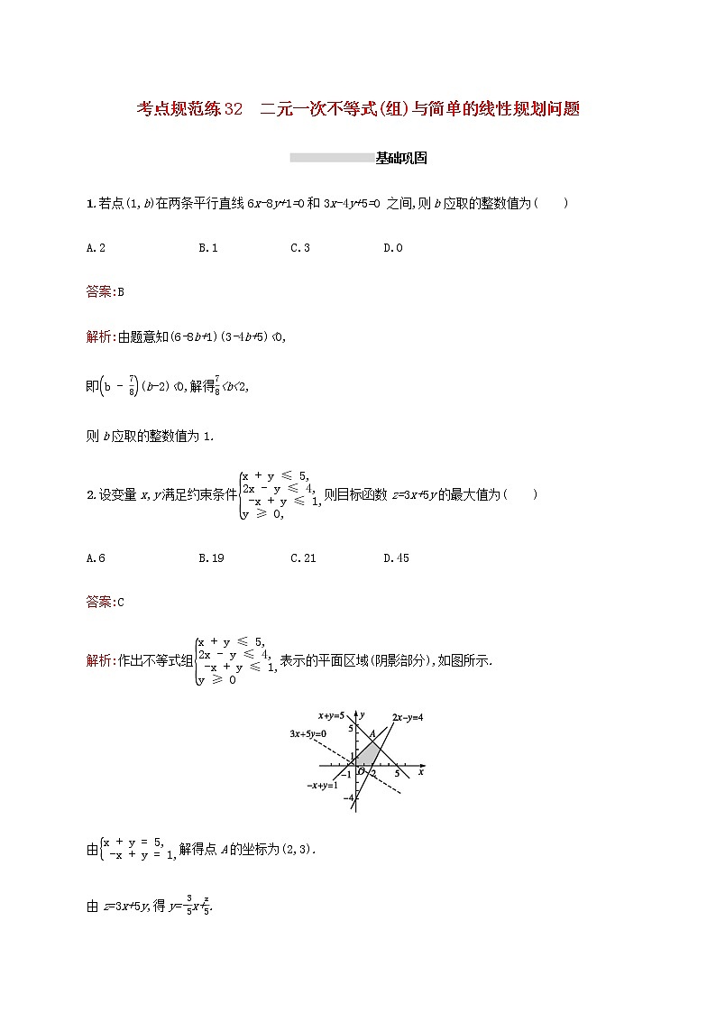 高考数学一轮复习考点规范练32二元一次不等式组与简单的线性规划问题含解析新人教A版文第1页