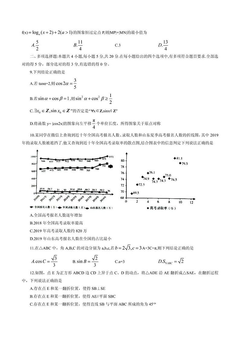 山东省2020年普通高中学业水平等级考试4月（模拟）数学试题第2页