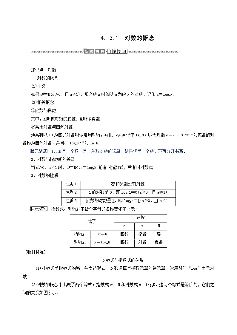 人教A版高中数学必修第一册4.3.1对数的概念学案01