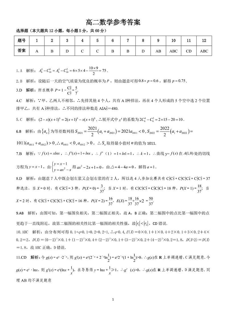 三湘名校教育联盟●2022届高二期中考试数学试卷及参考答案01