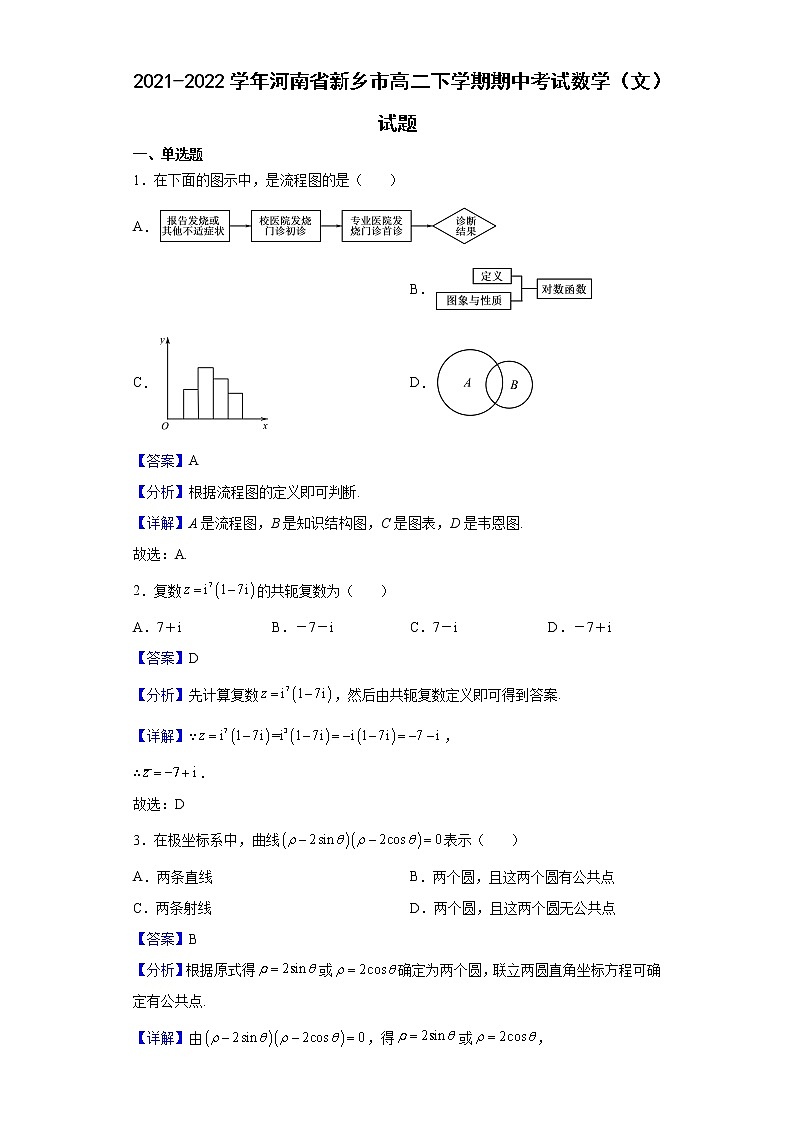 2021-2022学年河南省新乡市高二下学期期中考试数学（文）试题含解析01