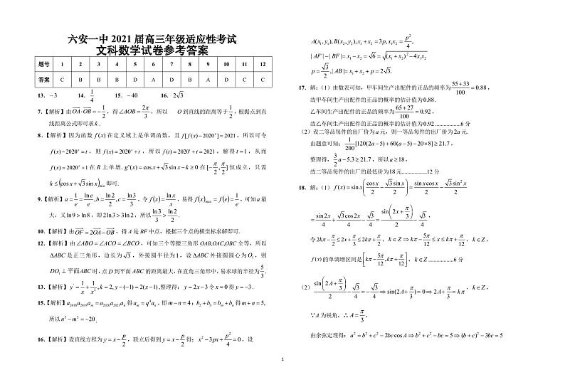 2021六安一中高三下学期6月适应性考试文科数学试题扫描版含答案01
