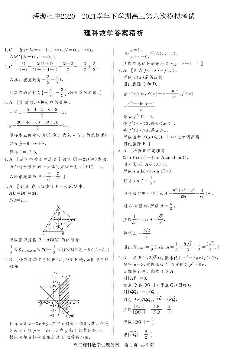 浑源七中2020—2021学年第二学期高三第六次模拟考试理科数学试题答案第1页