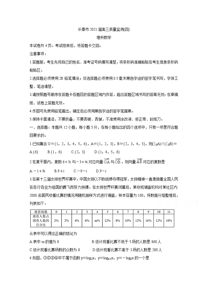 2021长春高三质量检测（四）数学（理）含解析第1页