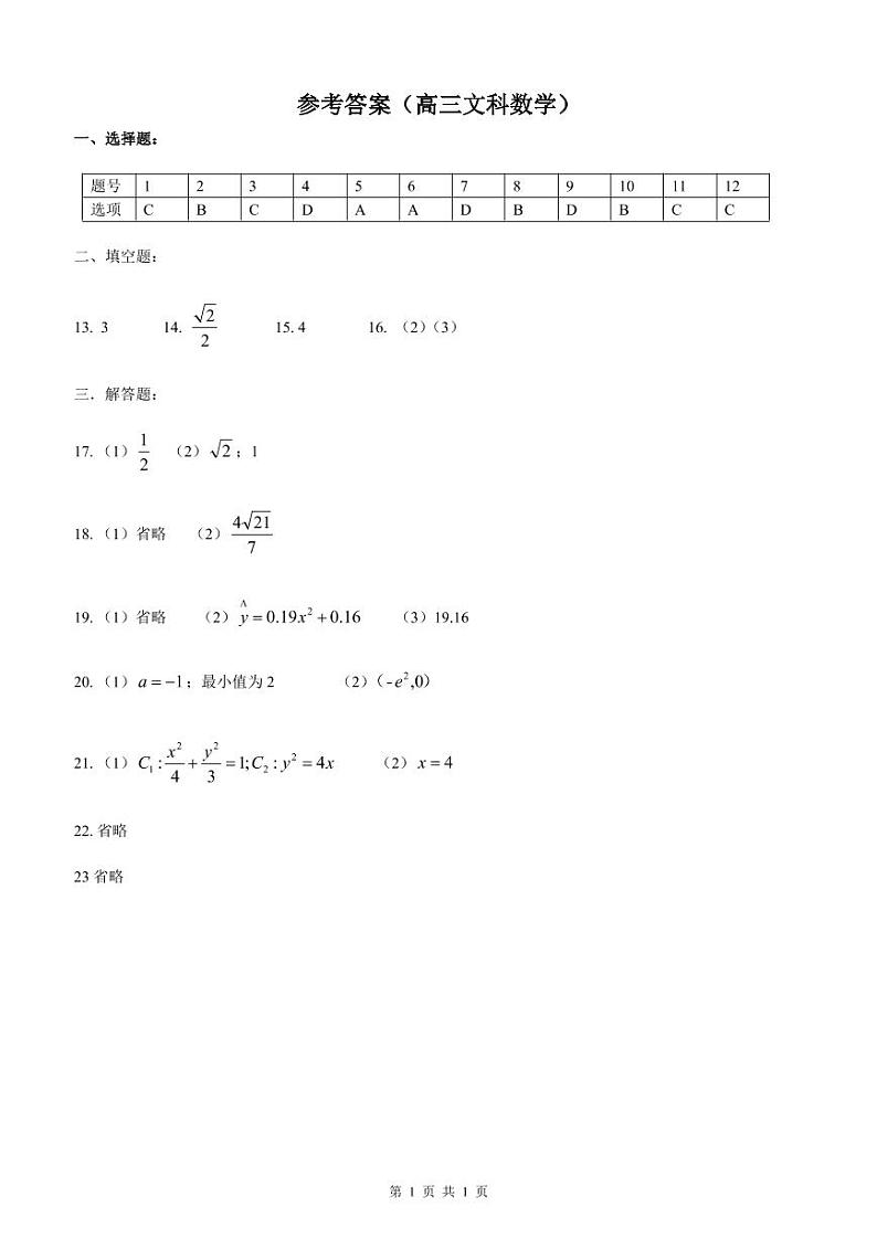 高三二模参考答案—文科数学第1页