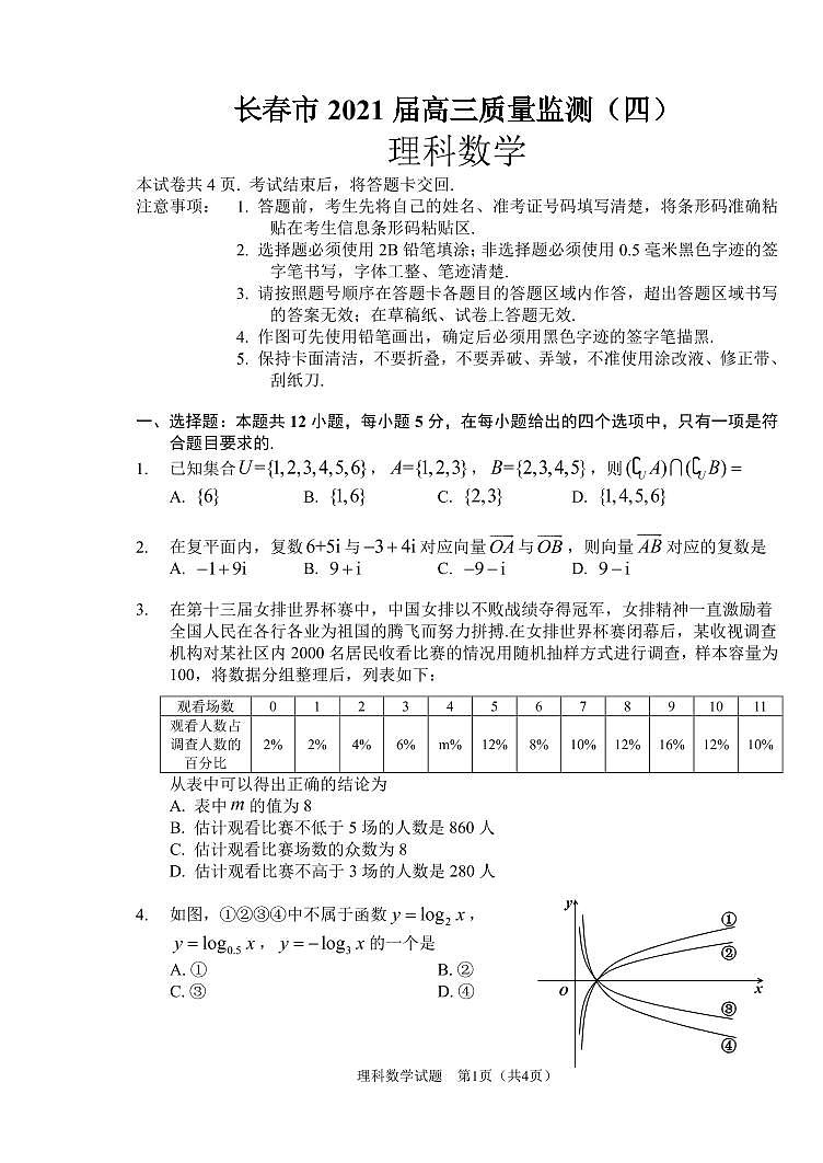 2021长春高三质量检测（四）数学（理）PDF版含答案01