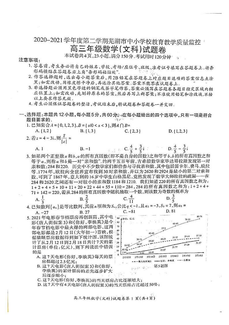 2021芜湖高三下学期5月教育教学质量监控数学（文）试题扫描版含答案第1页