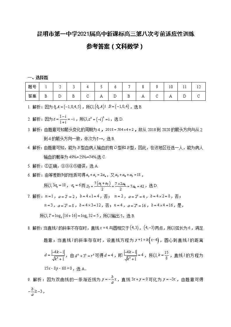 2021昆明一中高三第八次考前适应性训练数学（文）试题图片版含答案01