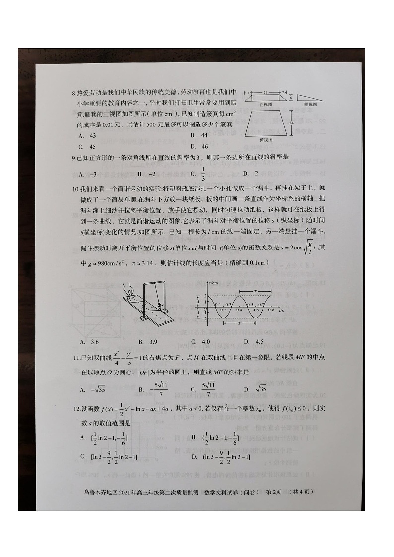 2021乌鲁木齐地区高三下学期第二次质量监测（乌二模）数学文科试题图片版含答案第2页