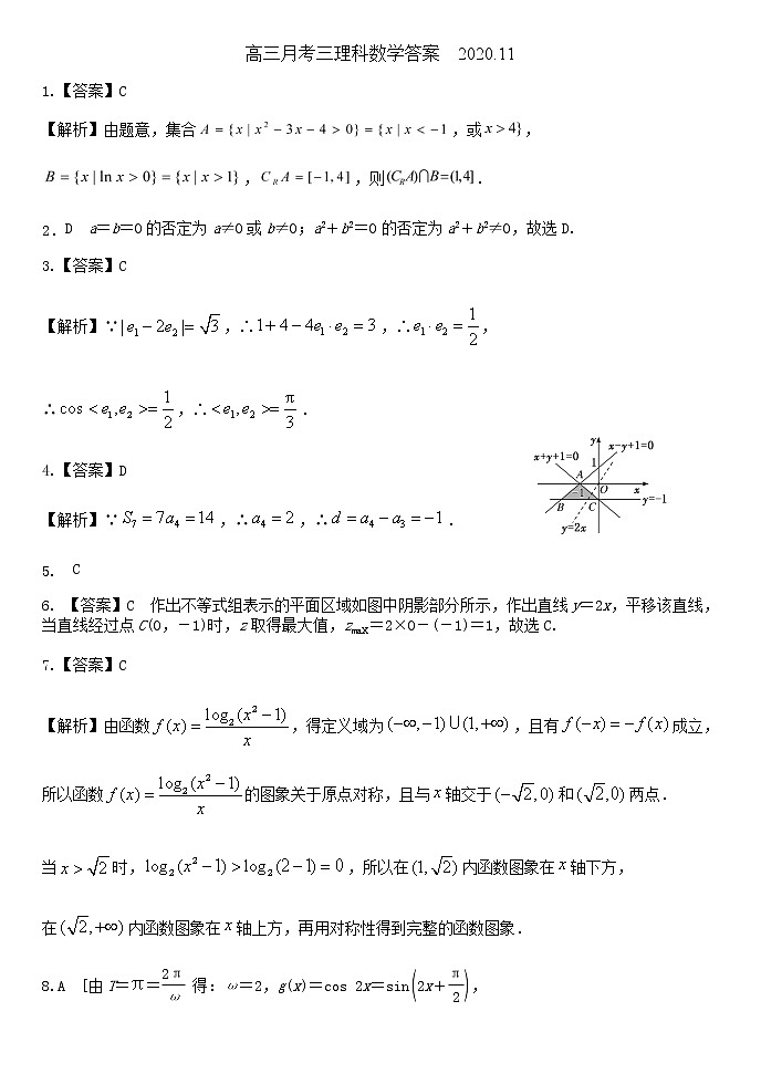 山西省应县第一中学2021届高三上学期第三次月考理科数学答案第1页