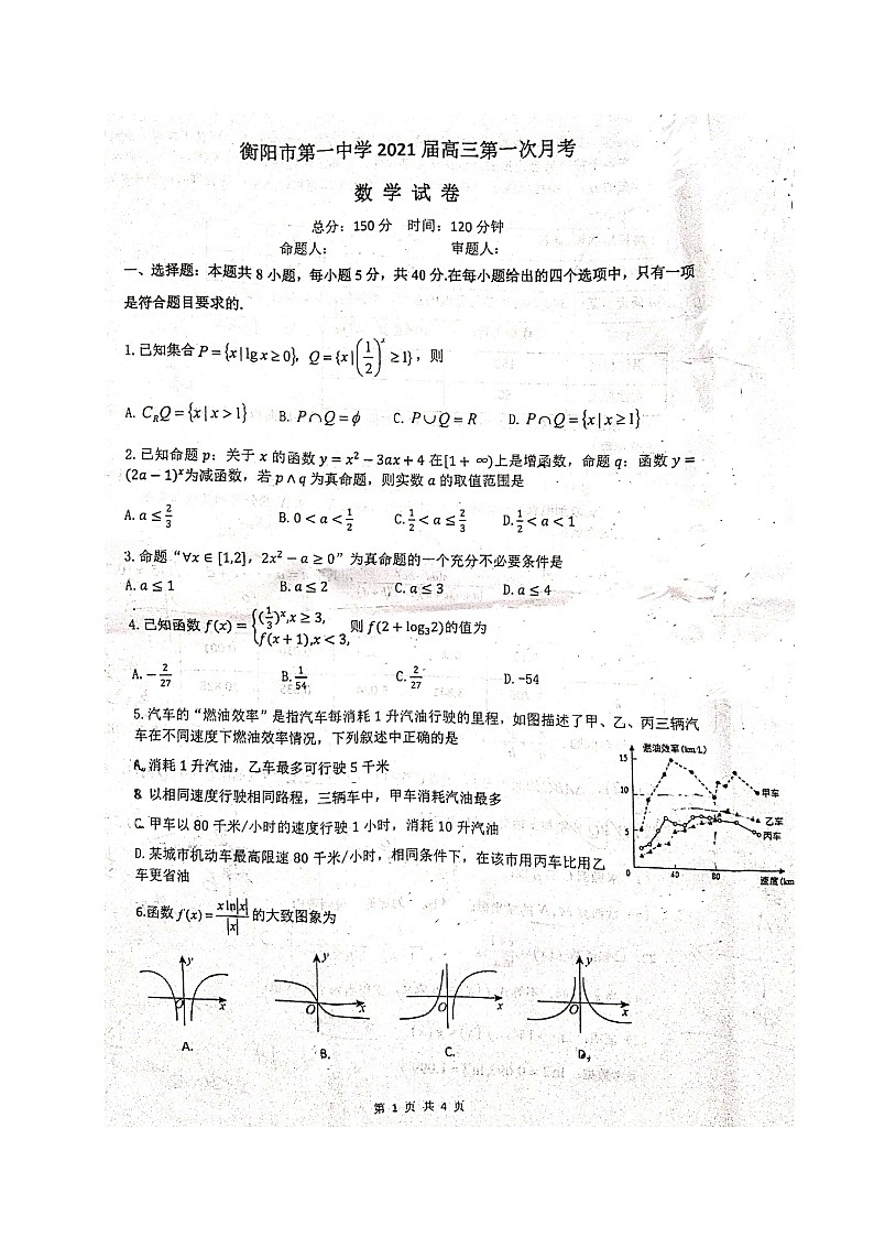 湖南省衡阳一中2021届高三上学期第一次月考数学试题（图片版）第1页
